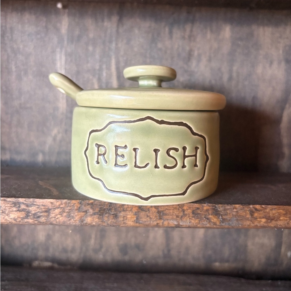 Pottery Barn Green Relish Ceramic Jar